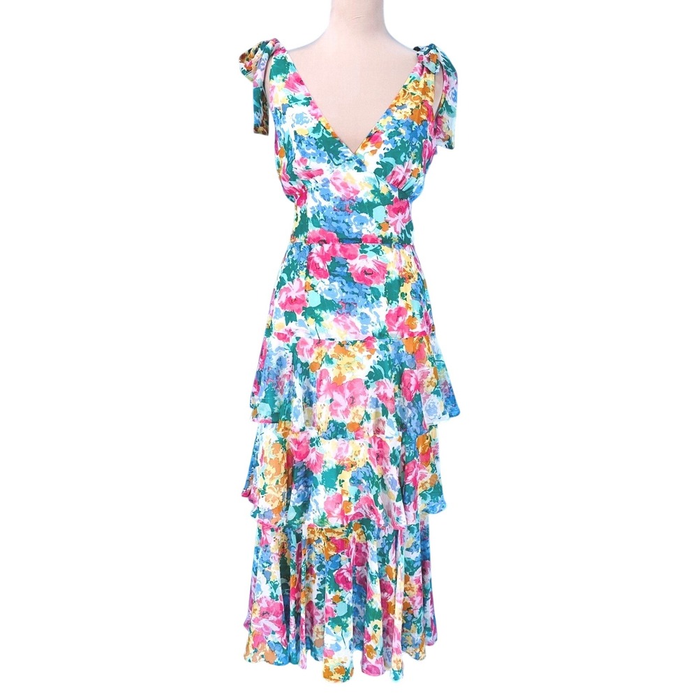 WAYF Womens Floral Tiered Maxi Dress Multicolor V-Neck Babydoll Size S NWT